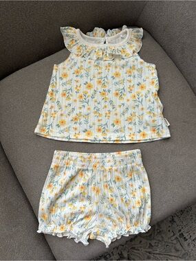 Girls Cream Yellow Floral Ruffle Neck Set
